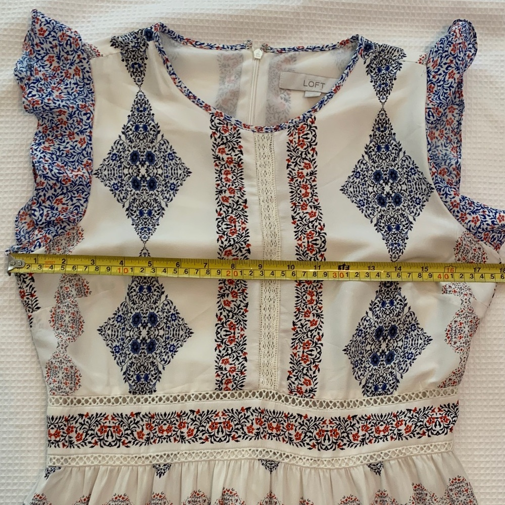 Loft  Midi Dress with Navy & Rust Print embroidered detailing size 4 - Picture 9 of 11
